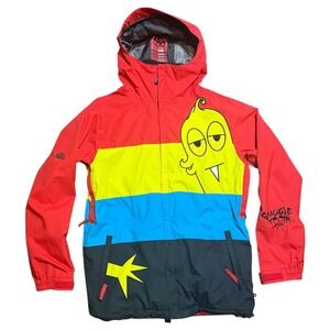 686 Snaggletooth Mens S Snowboard Jacket Red Blue Yellow Colorblock Hooded Coat